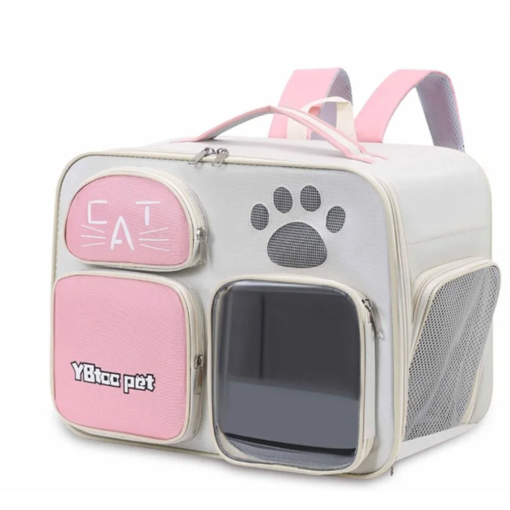 Cat Carrier Backpack With Mesh Windows & Pockets For Pets Beige & Pink 15.7